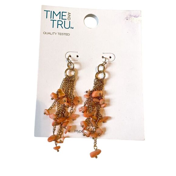 Time and Tru Faux Gold Pink Stone Bohemian Beaded Dangle Earrings - Picture 1 of 2